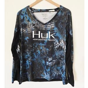 Huk Kryptek Neptune Blue Black Women’s XL Performance Fishing Shirt UPF